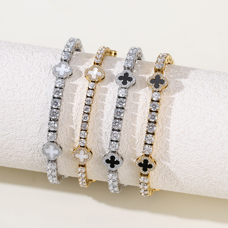 Luxury Stainless Steel Four Leaf Clover Zirconia Tennis Chain Bracelet and Necklace