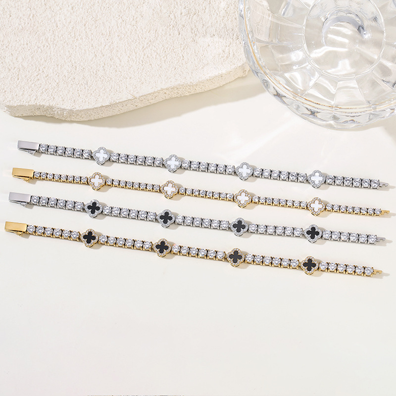 Luxury Stainless Steel Four Leaf Clover Zirconia Tennis Chain Bracelet and Necklace