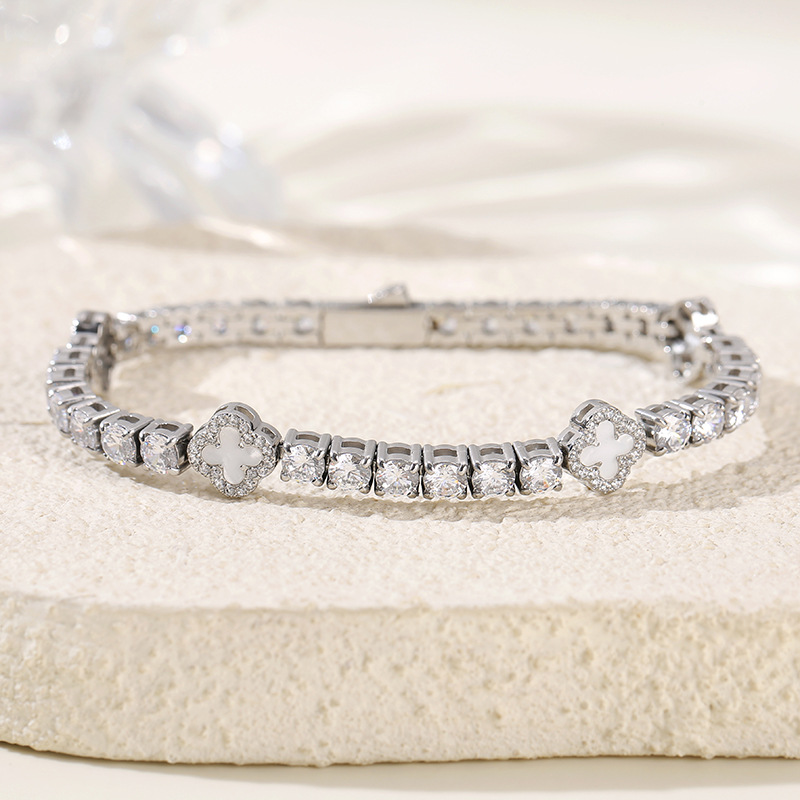 Luxury Stainless Steel Four Leaf Clover Zirconia Tennis Chain Bracelet and Necklace