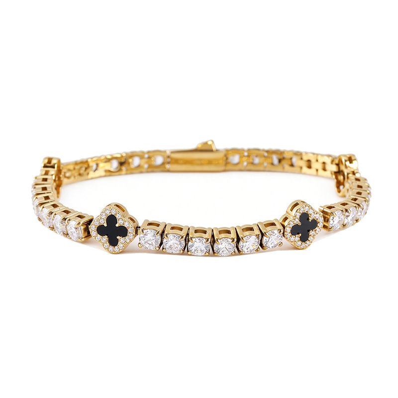 Luxury Stainless Steel Four Leaf Clover Zirconia Tennis Chain Bracelet and Necklace