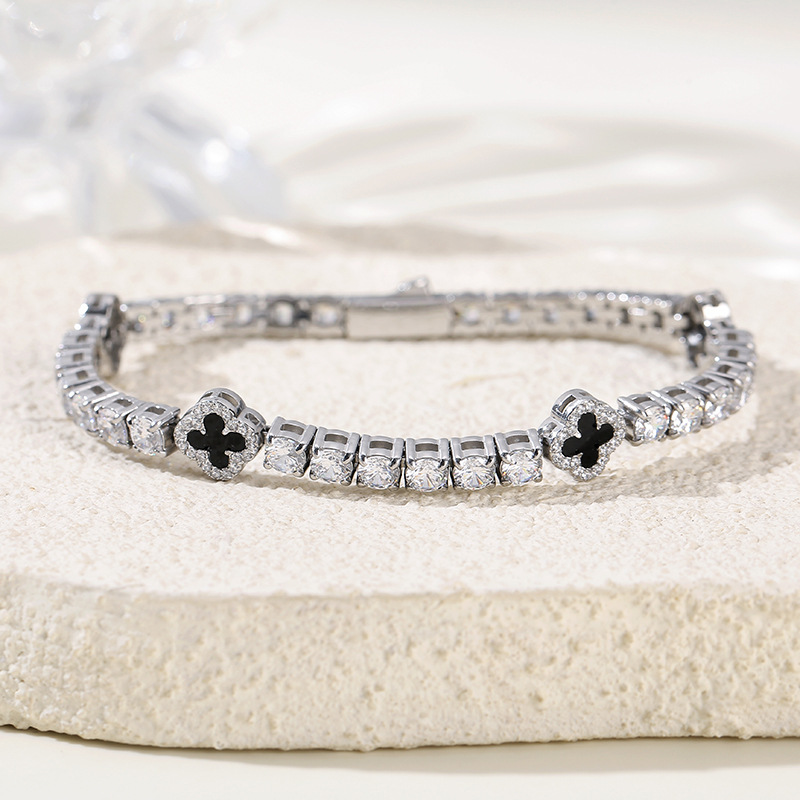 Luxury Stainless Steel Four Leaf Clover Zirconia Tennis Chain Bracelet and Necklace